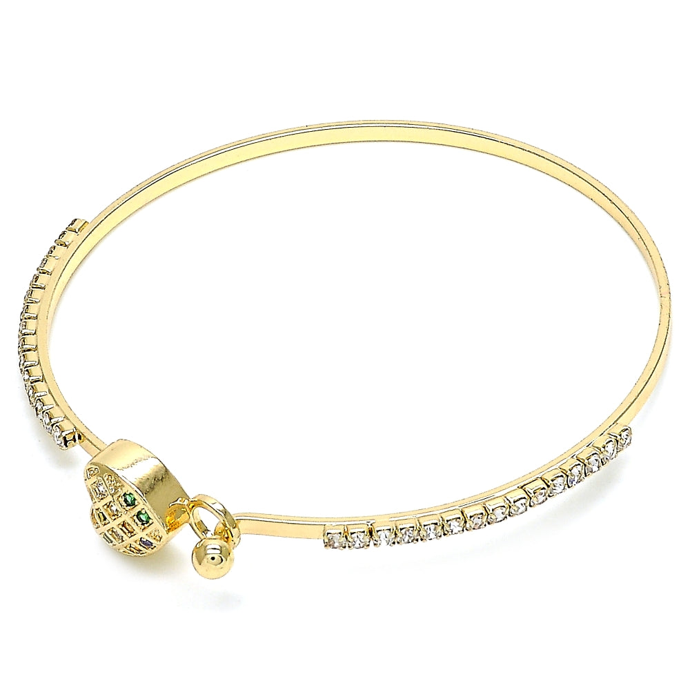 Oro Laminado Individual Bangle, Gold Filled Style Heart Design, with Multicolor Micro Pave and White Crystal, Polished, Golden Finish