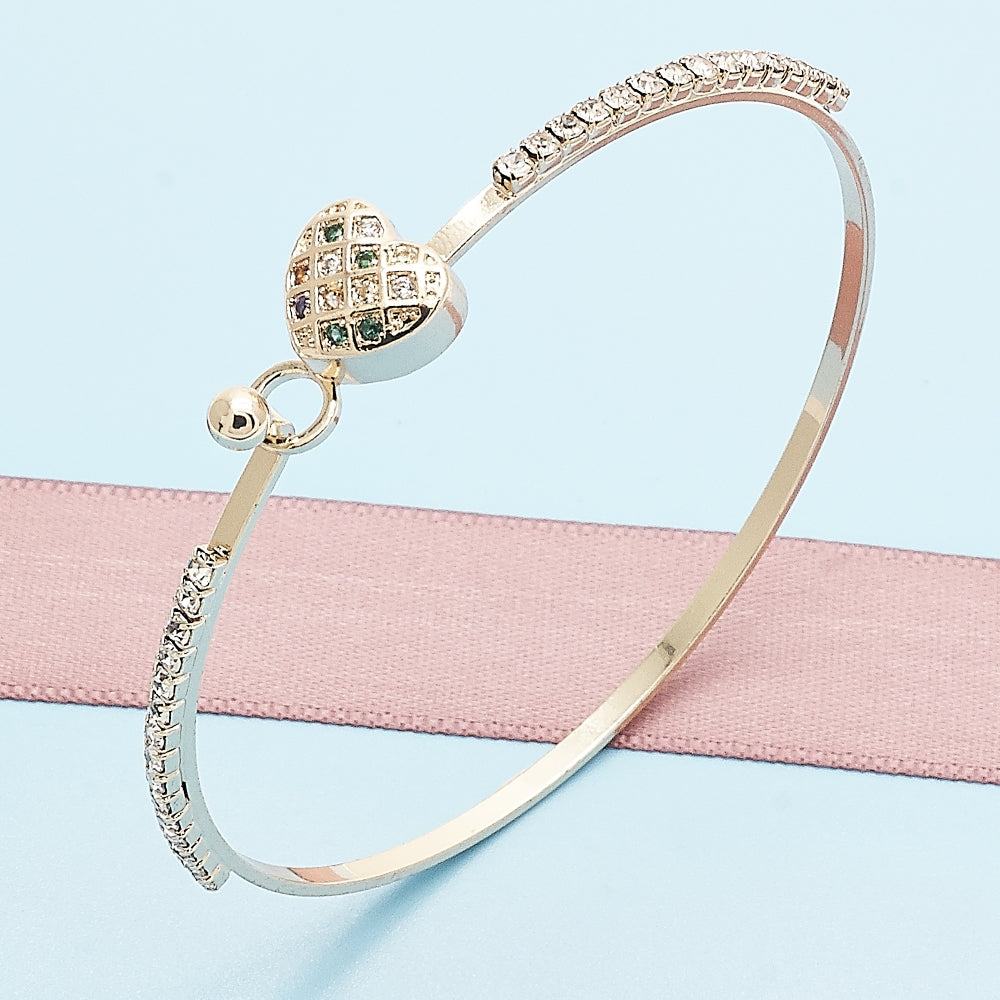 Oro Laminado Individual Bangle, Gold Filled Style Heart Design, with Multicolor Micro Pave and White Crystal, Polished, Golden Finish