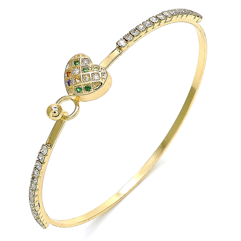 Oro Laminado Individual Bangle, Gold Filled Style Heart Design, with Multicolor Micro Pave and White Crystal, Polished, Golden Finish