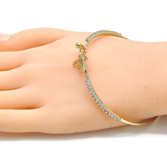 Oro Laminado Individual Bangle, Gold Filled Style Dragon-Fly Design, with Multicolor Micro Pave and White Crystal, Polished, Golden Finish