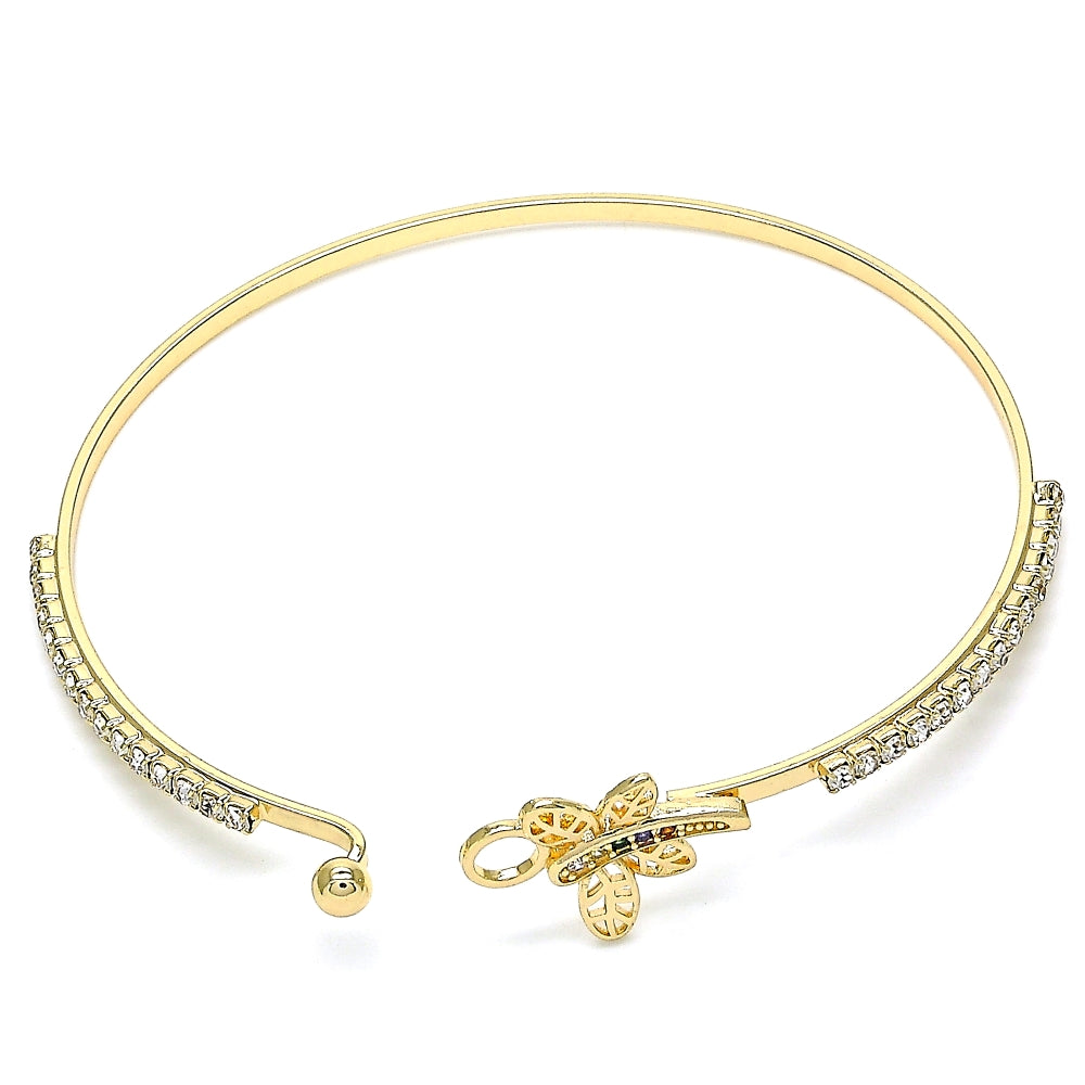 Oro Laminado Individual Bangle, Gold Filled Style Dragon-Fly Design, with Multicolor Micro Pave and White Crystal, Polished, Golden Finish