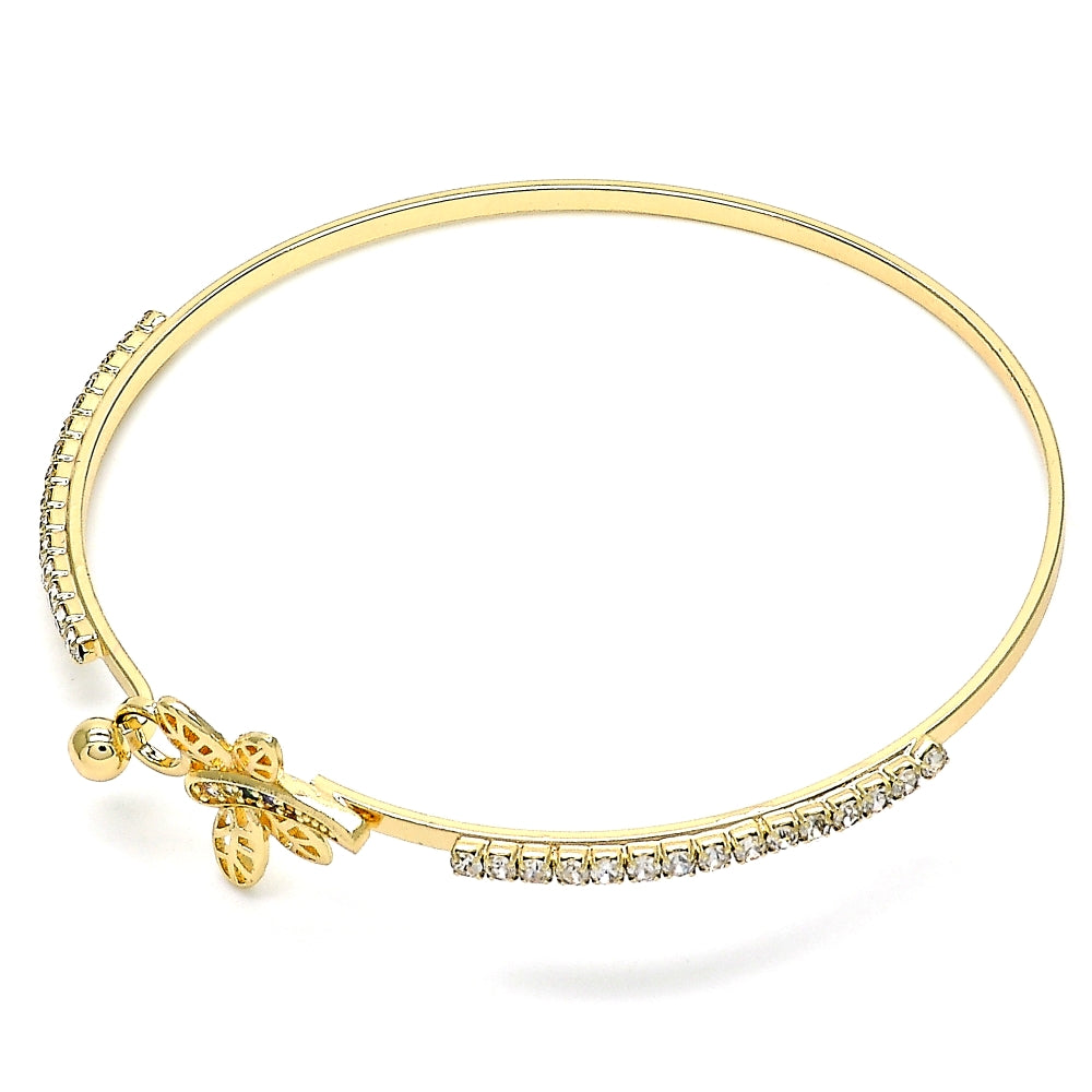 Oro Laminado Individual Bangle, Gold Filled Style Dragon-Fly Design, with Multicolor Micro Pave and White Crystal, Polished, Golden Finish