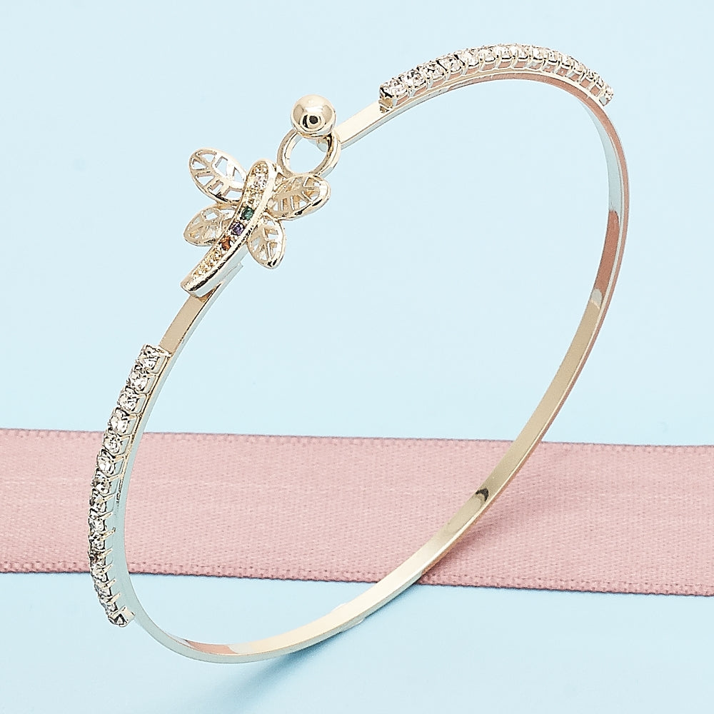 Oro Laminado Individual Bangle, Gold Filled Style Dragon-Fly Design, with Multicolor Micro Pave and White Crystal, Polished, Golden Finish