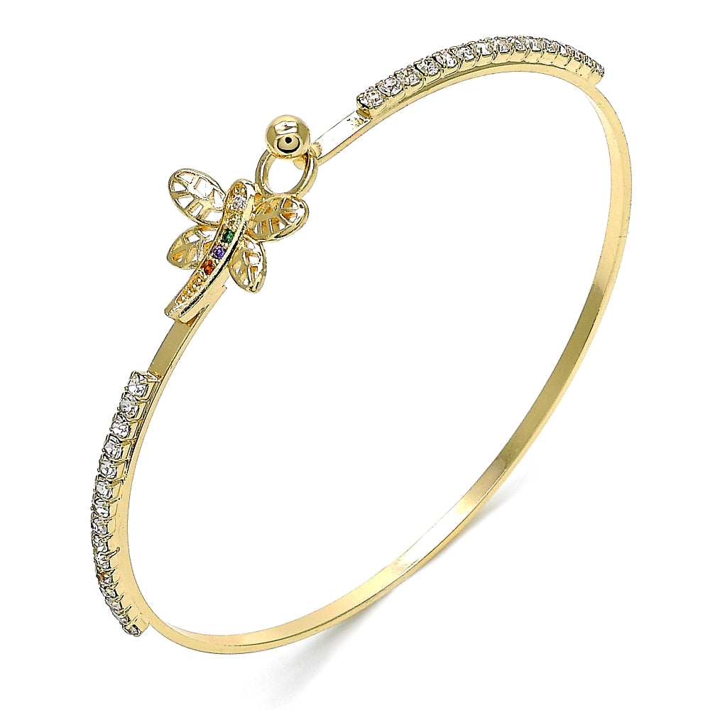 Oro Laminado Individual Bangle, Gold Filled Style Dragon-Fly Design, with Multicolor Micro Pave and White Crystal, Polished, Golden Finish