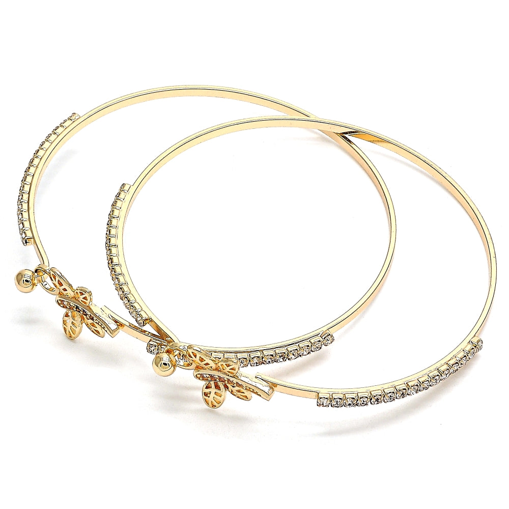 Oro Laminado Individual Bangle, Gold Filled Style Dragon-Fly Design, with Multicolor Micro Pave and White Crystal, Polished, Golden Finish