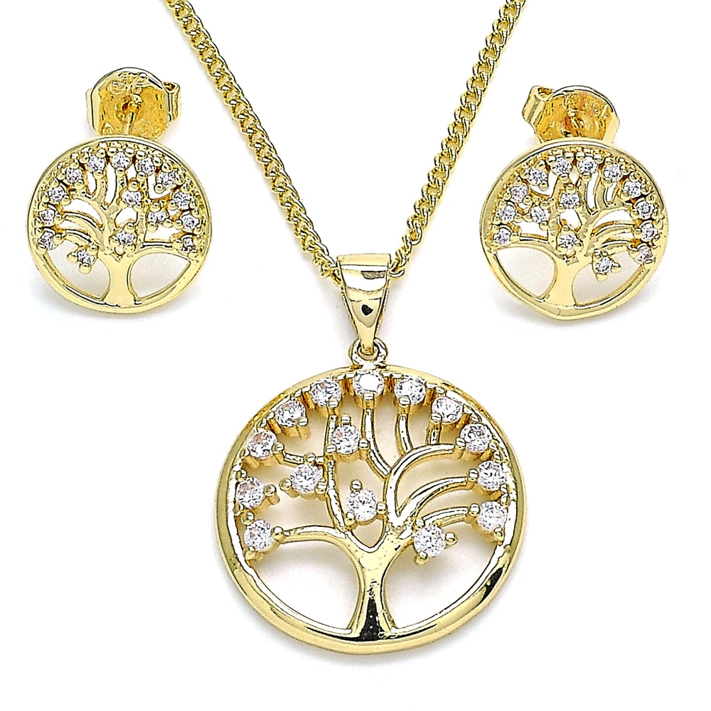Oro Laminado Earring and Pendant Adult Set, Gold Filled Style Tree Design, with White Cubic Zirconia, Polished, Golden Finish