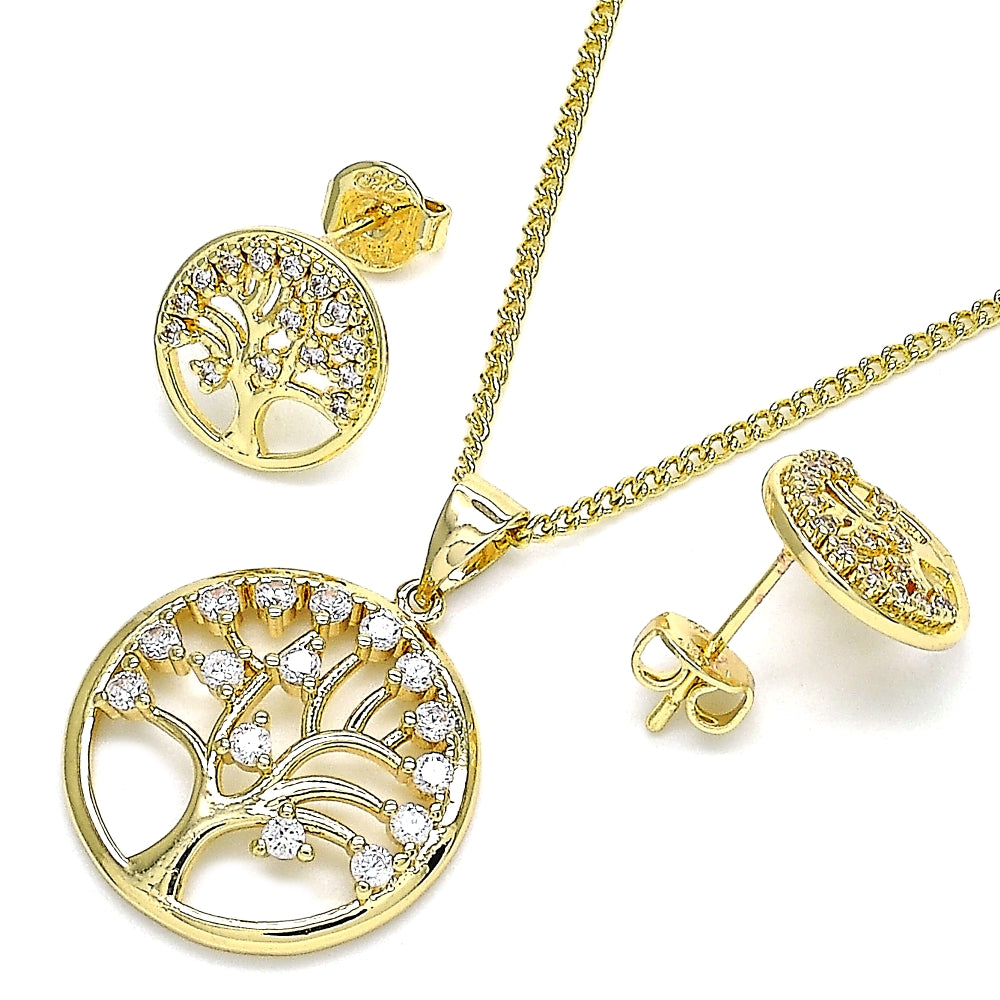 Oro Laminado Earring and Pendant Adult Set, Gold Filled Style Tree Design, with White Cubic Zirconia, Polished, Golden Finish