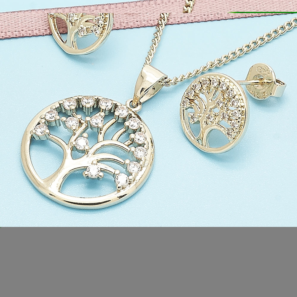 Oro Laminado Earring and Pendant Adult Set, Gold Filled Style Tree Design, with White Cubic Zirconia, Polished, Golden Finish