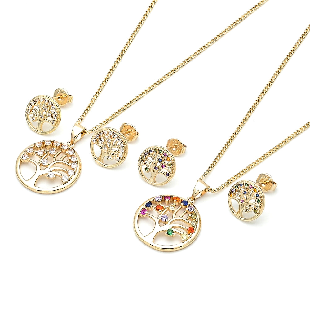 Oro Laminado Earring and Pendant Adult Set, Gold Filled Style Tree Design, with White Cubic Zirconia, Polished, Golden Finish