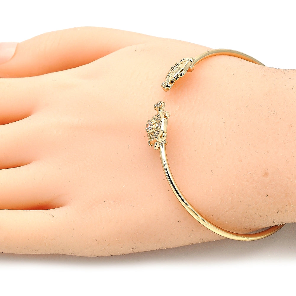 Oro Laminado Individual Bangle, Gold Filled Style Turtle Design, with White Micro Pave, Polished, Golden Finish