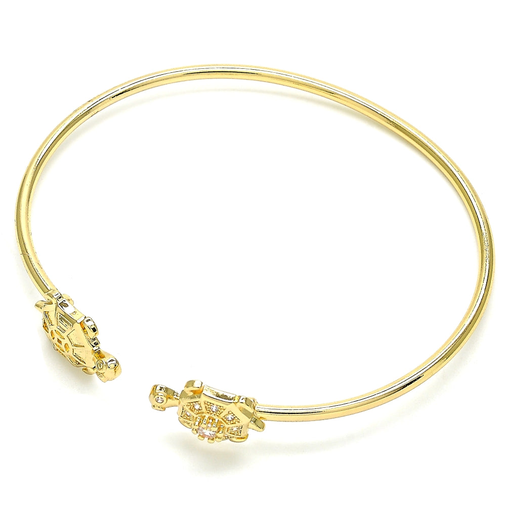Oro Laminado Individual Bangle, Gold Filled Style Turtle Design, with White Micro Pave, Polished, Golden Finish