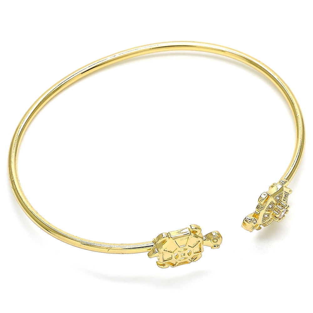 Oro Laminado Individual Bangle, Gold Filled Style Turtle Design, with White Micro Pave, Polished, Golden Finish