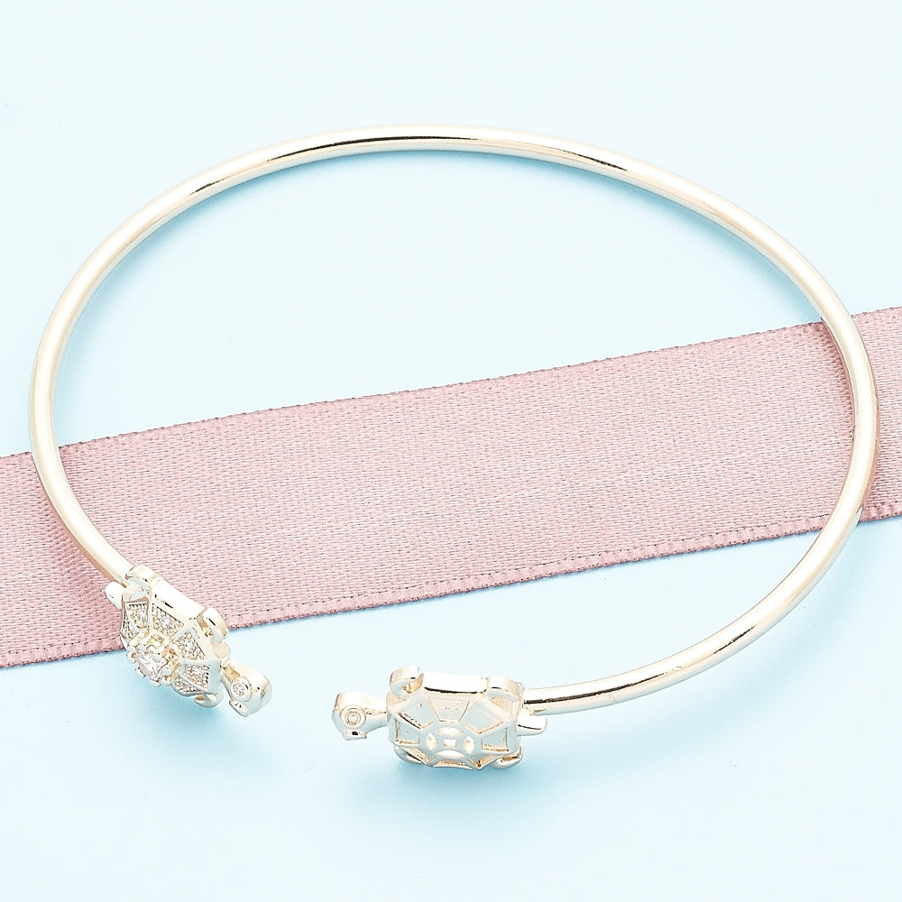 Oro Laminado Individual Bangle, Gold Filled Style Turtle Design, with White Micro Pave, Polished, Golden Finish
