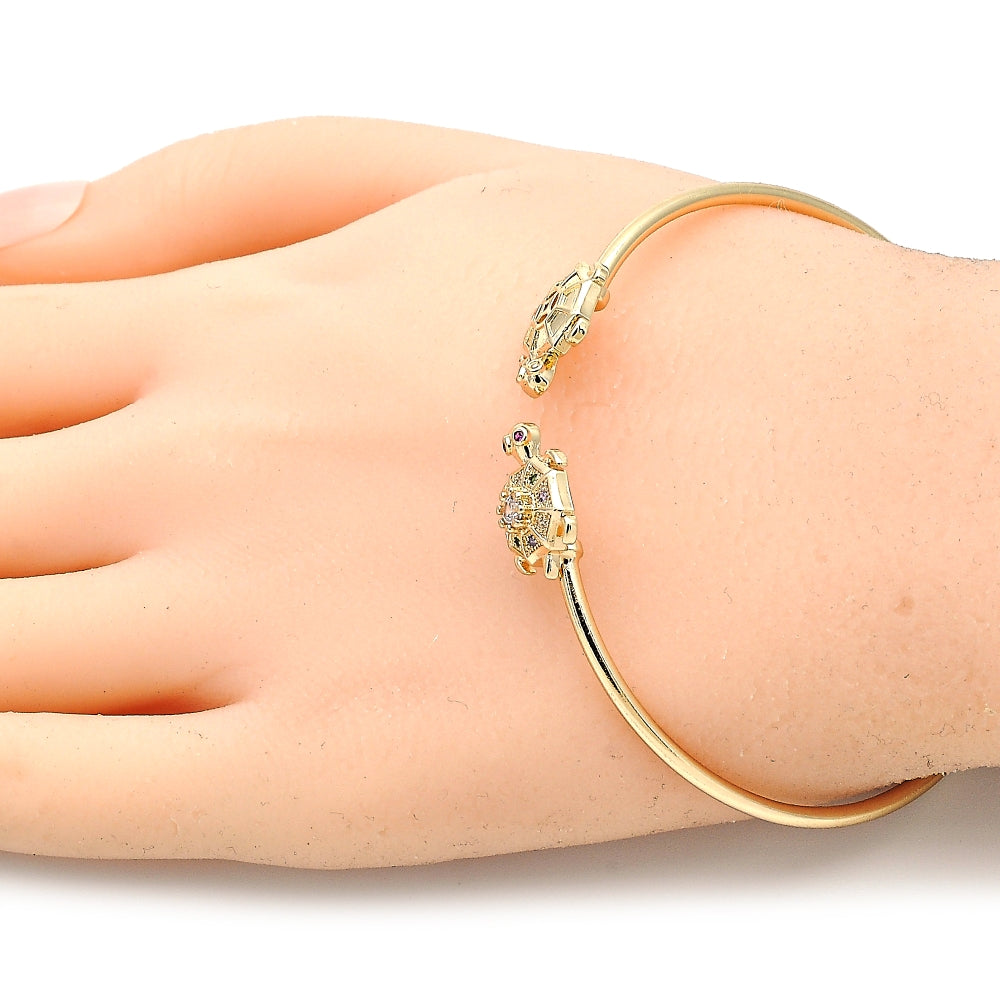 Oro Laminado Individual Bangle, Gold Filled Style Turtle Design, with Multicolor Micro Pave, Polished, Golden Finish