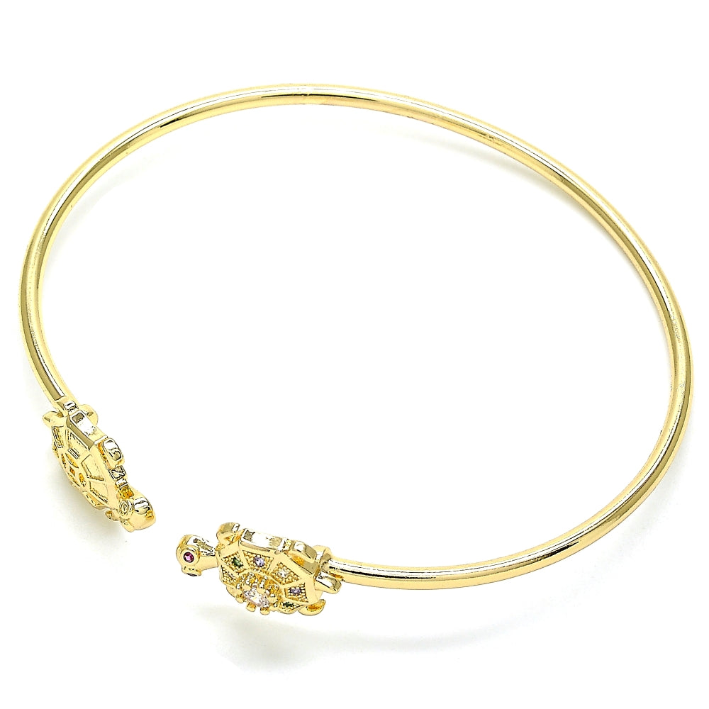 Oro Laminado Individual Bangle, Gold Filled Style Turtle Design, with Multicolor Micro Pave, Polished, Golden Finish