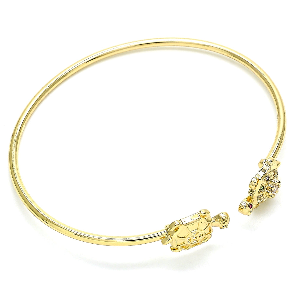 Oro Laminado Individual Bangle, Gold Filled Style Turtle Design, with Multicolor Micro Pave, Polished, Golden Finish