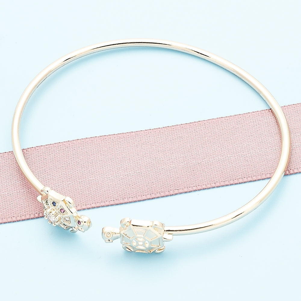 Oro Laminado Individual Bangle, Gold Filled Style Turtle Design, with Multicolor Micro Pave, Polished, Golden Finish