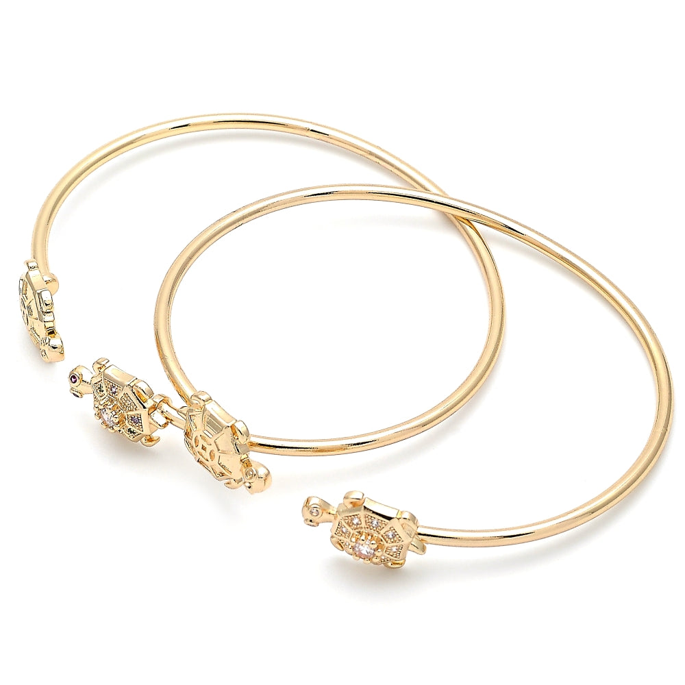 Oro Laminado Individual Bangle, Gold Filled Style Turtle Design, with Multicolor Micro Pave, Polished, Golden Finish