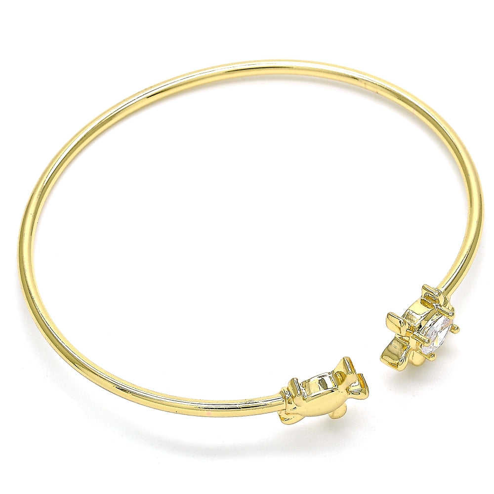 Oro Laminado Individual Bangle, Gold Filled Style Turtle Design, with White Micro Pave, Polished, Golden Finish
