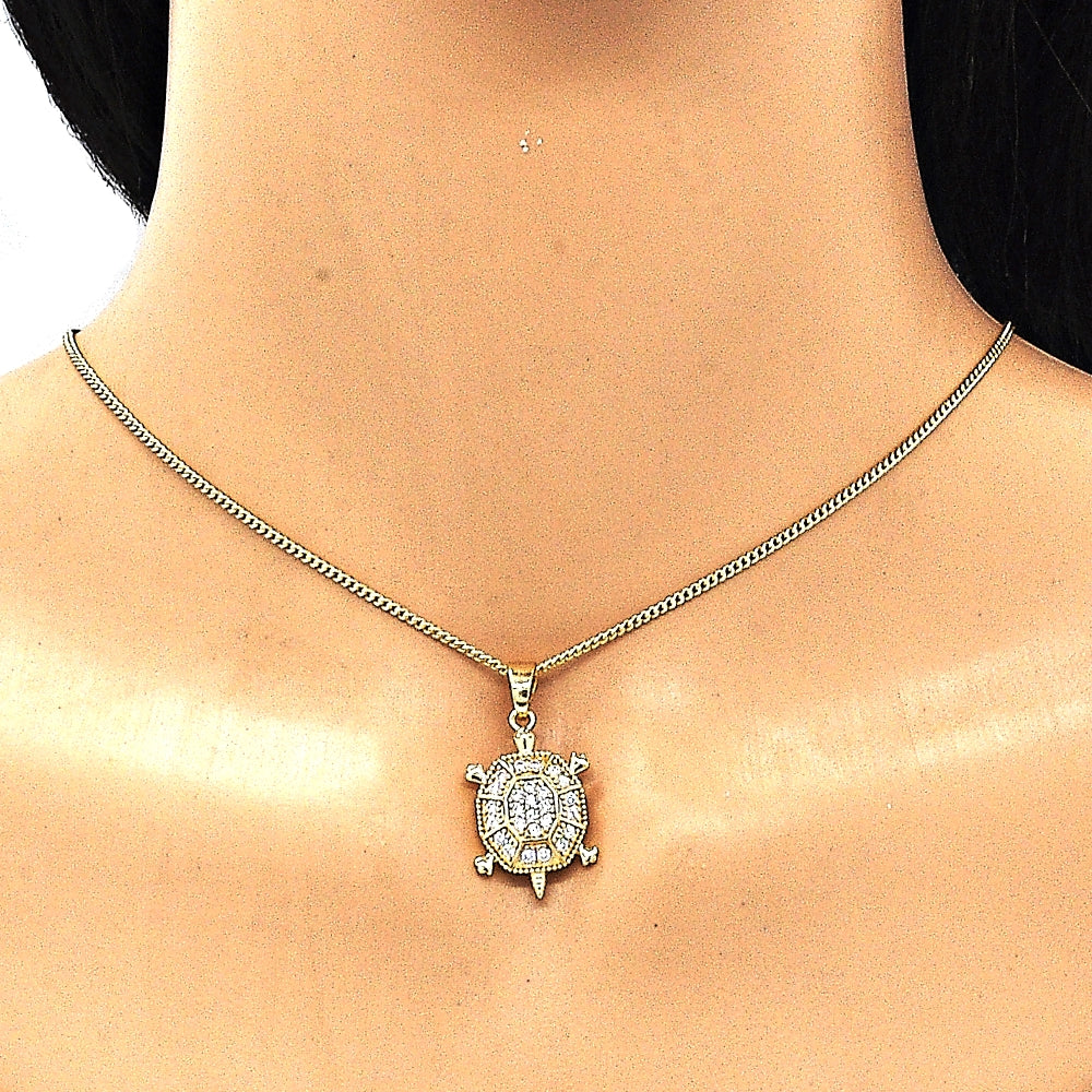 Oro Laminado Earring and Pendant Adult Set, Gold Filled Style Turtle Design, with White Micro Pave, Polished, Golden Finish