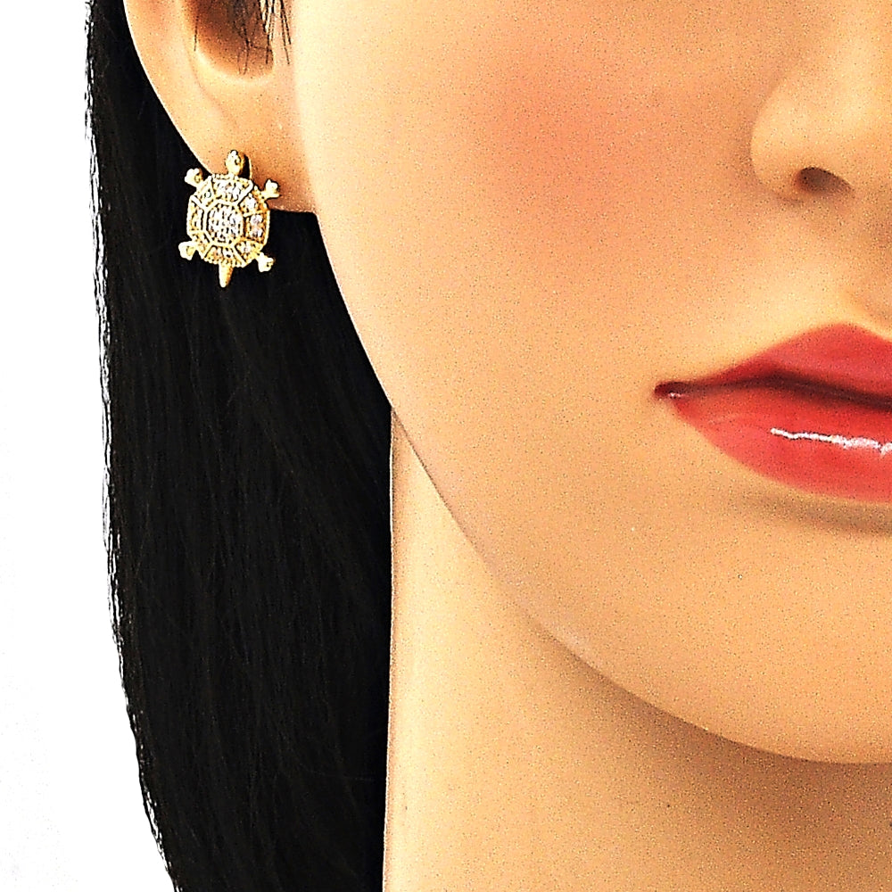 Oro Laminado Earring and Pendant Adult Set, Gold Filled Style Turtle Design, with White Micro Pave, Polished, Golden Finish