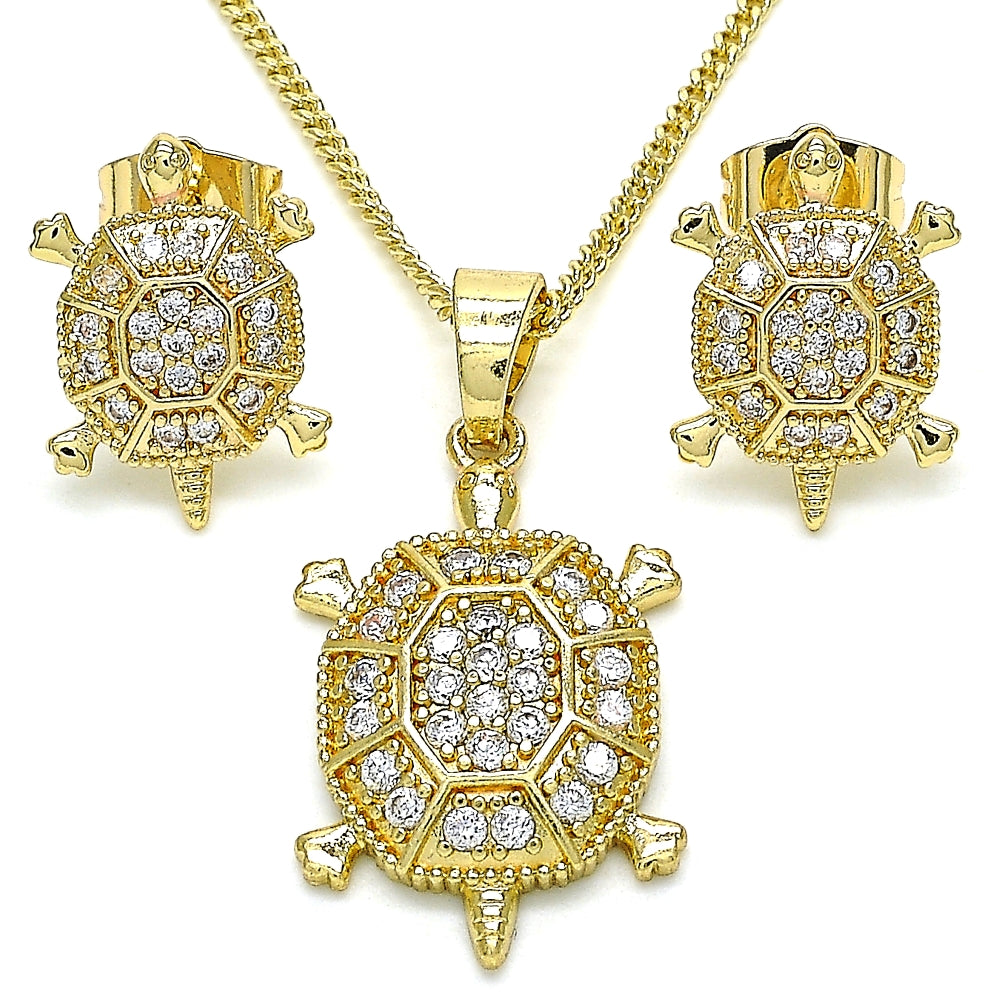 Oro Laminado Earring and Pendant Adult Set, Gold Filled Style Turtle Design, with White Micro Pave, Polished, Golden Finish