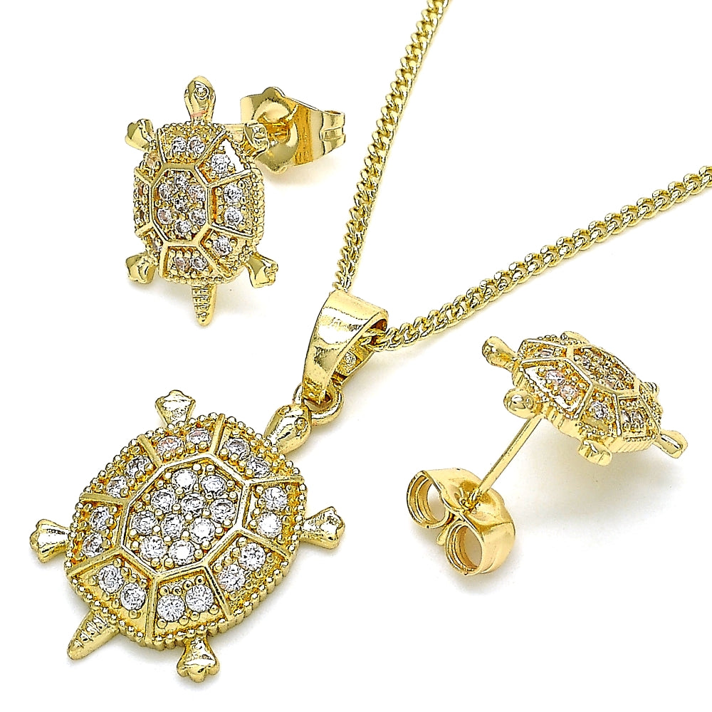 Oro Laminado Earring and Pendant Adult Set, Gold Filled Style Turtle Design, with White Micro Pave, Polished, Golden Finish