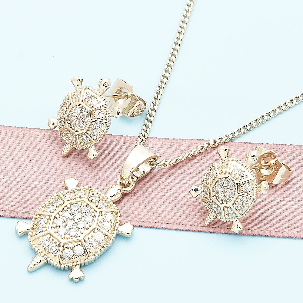Oro Laminado Earring and Pendant Adult Set, Gold Filled Style Turtle Design, with White Micro Pave, Polished, Golden Finish