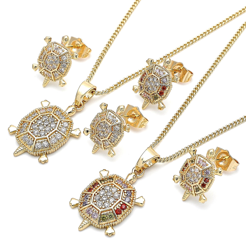 Oro Laminado Earring and Pendant Adult Set, Gold Filled Style Turtle Design, with White Micro Pave, Polished, Golden Finish