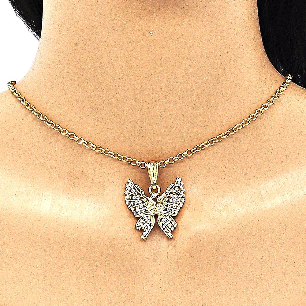 Oro Laminado Fancy Pendant, Gold Filled Style Butterfly Design, with White Crystal, Polished, Golden Finish