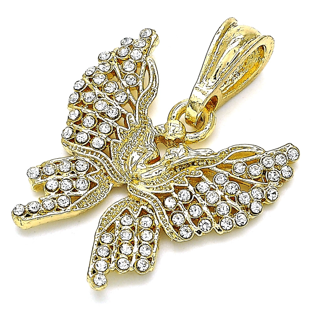 Oro Laminado Fancy Pendant, Gold Filled Style Butterfly Design, with White Crystal, Polished, Golden Finish