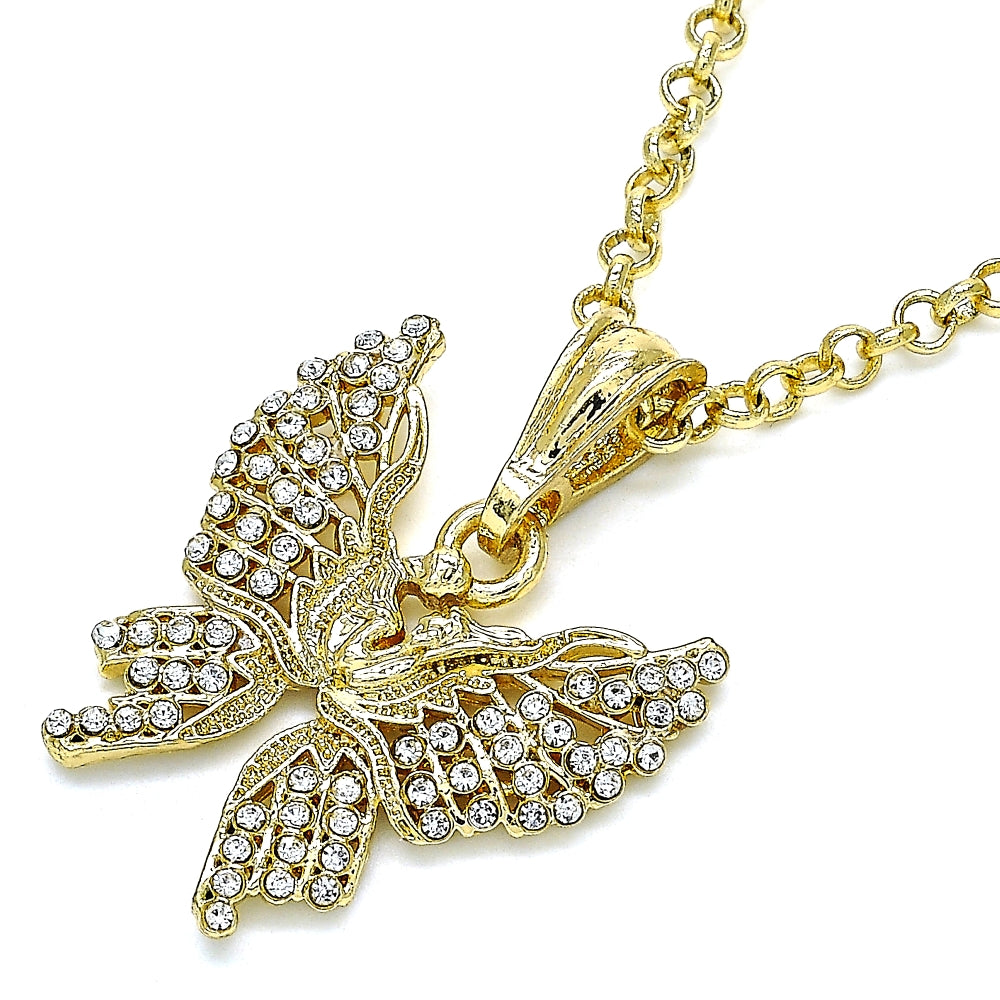 Oro Laminado Fancy Pendant, Gold Filled Style Butterfly Design, with White Crystal, Polished, Golden Finish