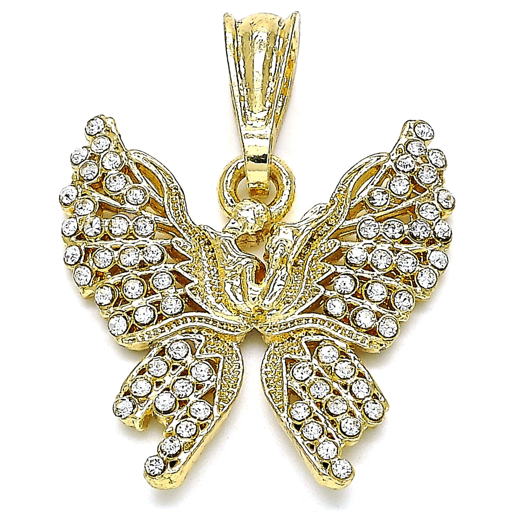 Oro Laminado Fancy Pendant, Gold Filled Style Butterfly Design, with White Crystal, Polished, Golden Finish