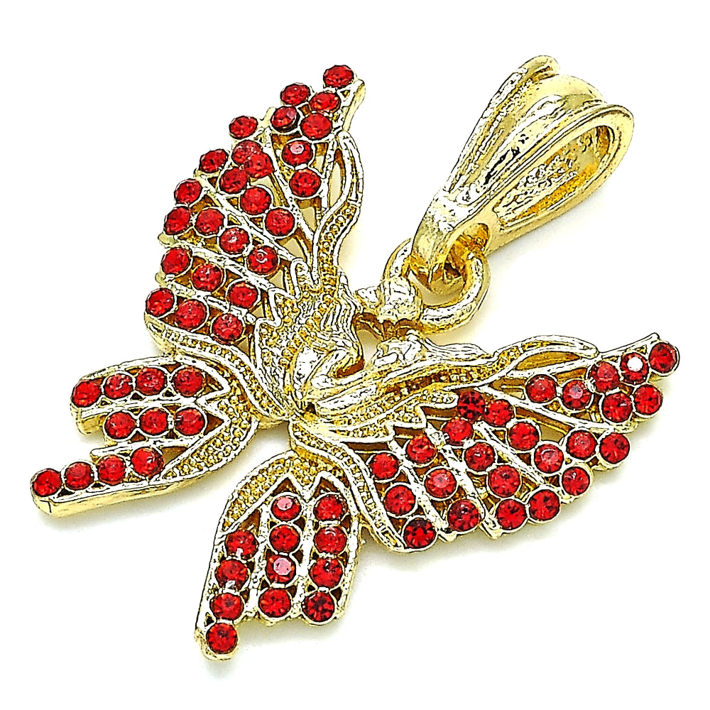 Oro Laminado Fancy Pendant, Gold Filled Style Butterfly Design, with Garnet Crystal, Polished, Golden Finish