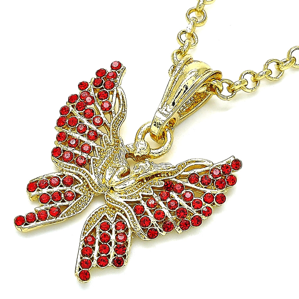 Oro Laminado Fancy Pendant, Gold Filled Style Butterfly Design, with Garnet Crystal, Polished, Golden Finish