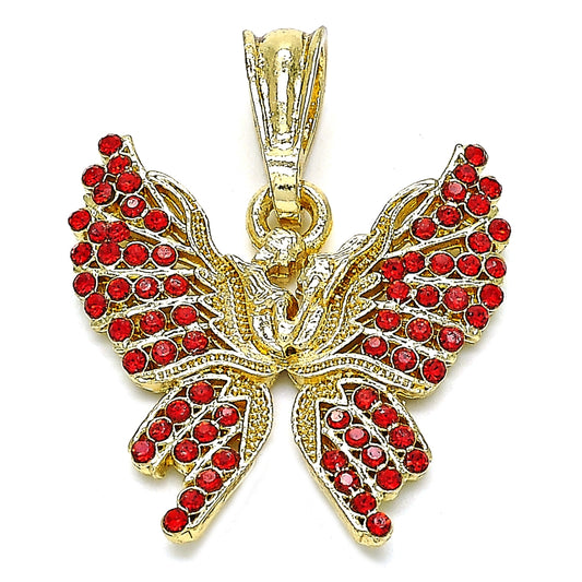 Oro Laminado Fancy Pendant, Gold Filled Style Butterfly Design, with Garnet Crystal, Polished, Golden Finish