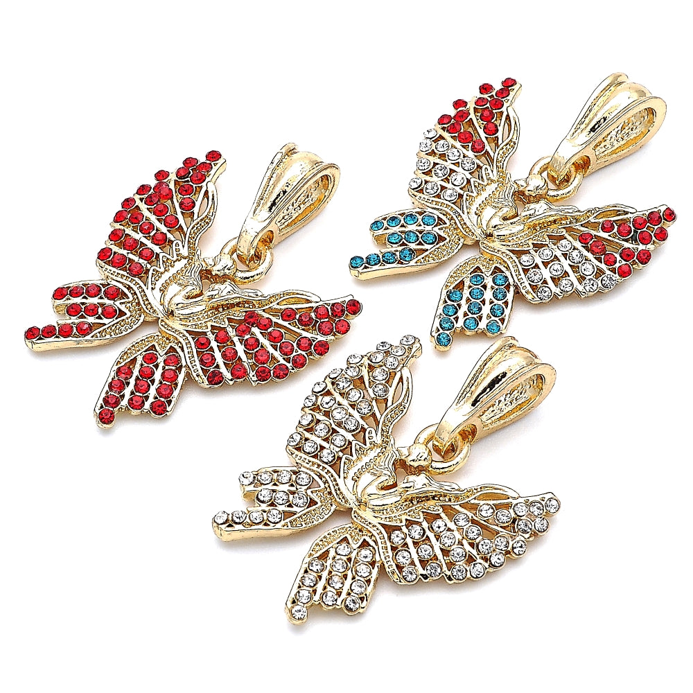 Oro Laminado Fancy Pendant, Gold Filled Style Butterfly Design, with Garnet Crystal, Polished, Golden Finish