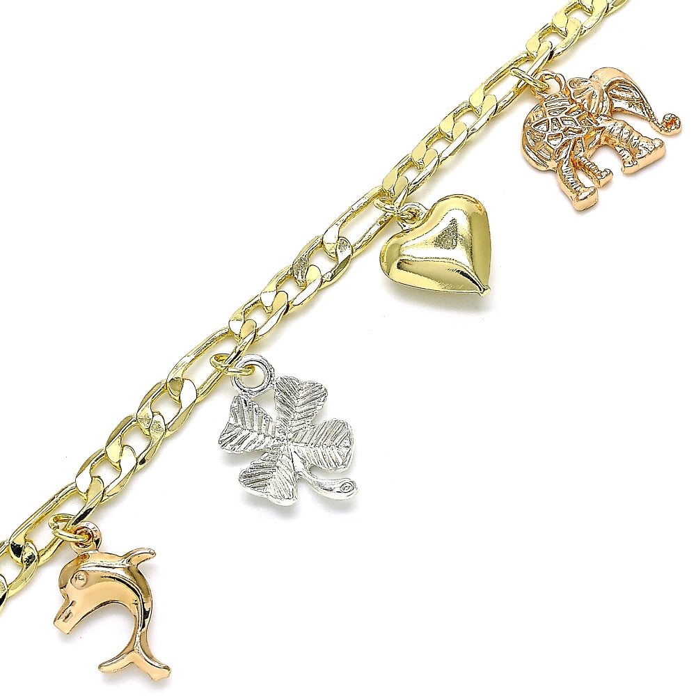 Oro Laminado Charm Bracelet, Gold Filled Style Heart and Elephant Design, Polished, Tricolor