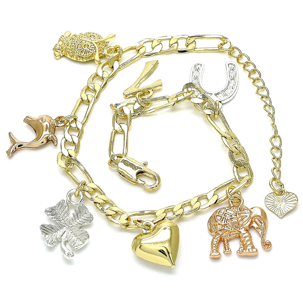 Oro Laminado Charm Bracelet, Gold Filled Style Heart and Elephant Design, Polished, Tricolor