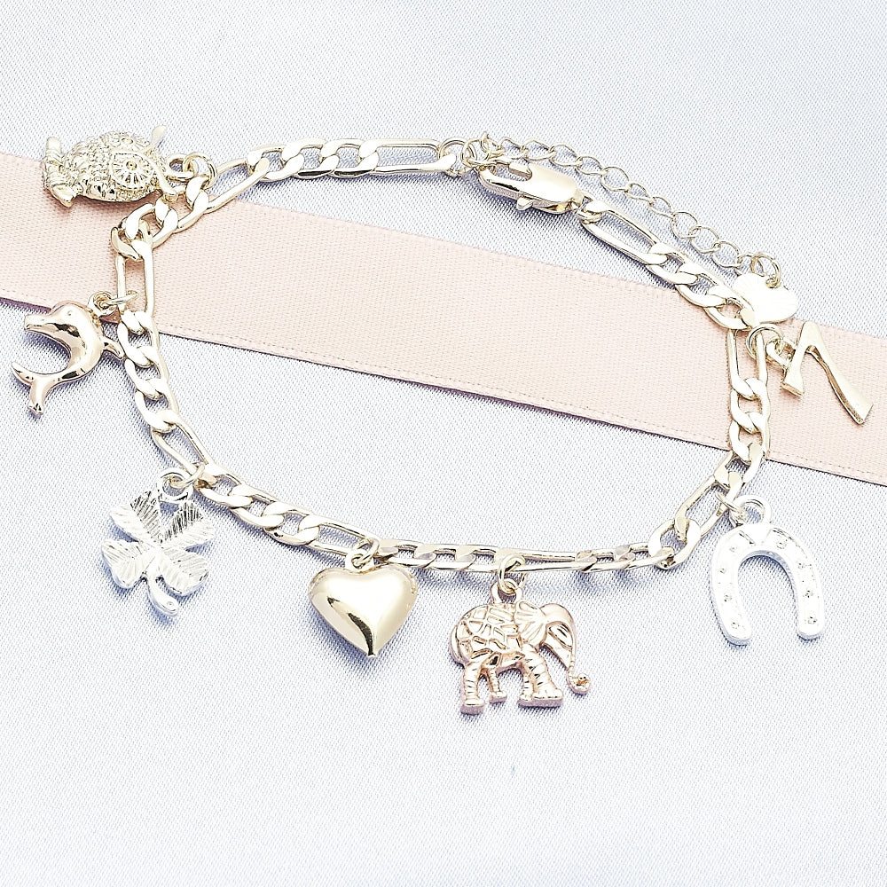 Oro Laminado Charm Bracelet, Gold Filled Style Heart and Elephant Design, Polished, Tricolor