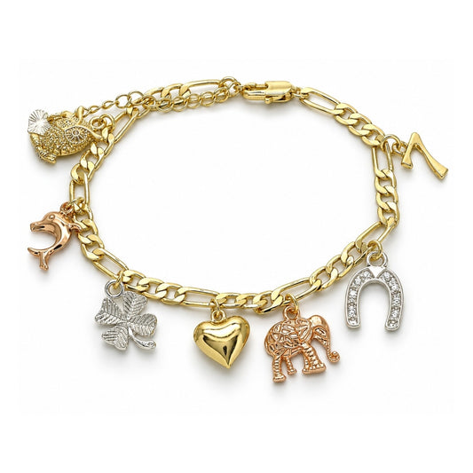 Oro Laminado Charm Bracelet, Gold Filled Style Heart and Elephant Design, Polished, Tricolor