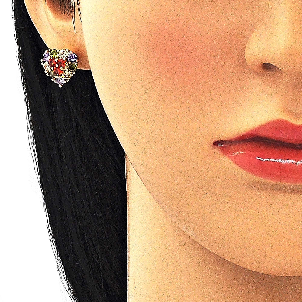 Oro Laminado Stud Earring, Gold Filled Style with Multicolor Cubic Zirconia, Polished, Golden Finish