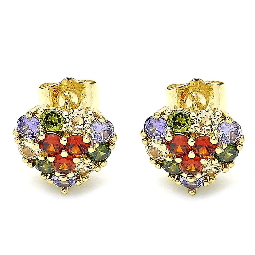 Oro Laminado Stud Earring, Gold Filled Style with Multicolor Cubic Zirconia, Polished, Golden Finish