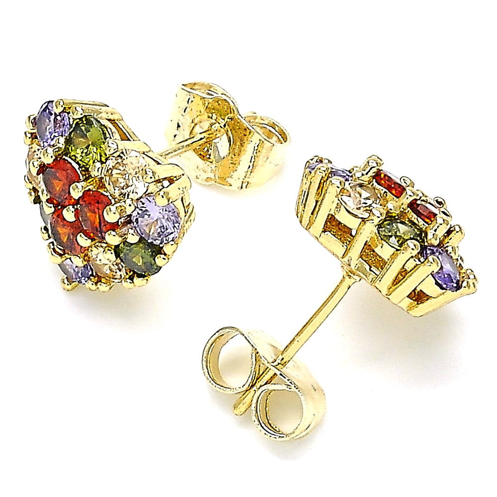 Oro Laminado Stud Earring, Gold Filled Style with Multicolor Cubic Zirconia, Polished, Golden Finish