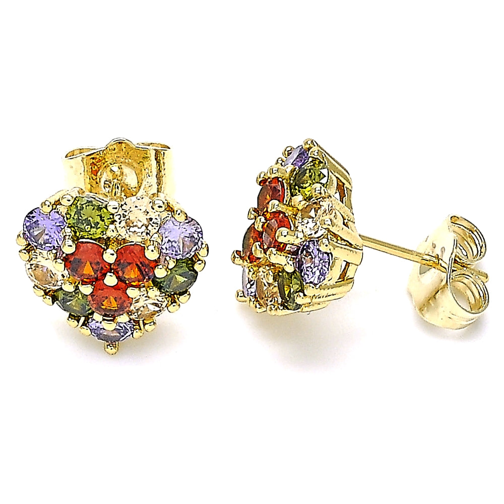 Oro Laminado Stud Earring, Gold Filled Style with Multicolor Cubic Zirconia, Polished, Golden Finish