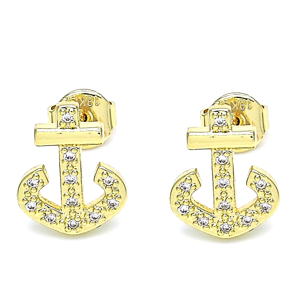 Oro Laminado Stud Earring, Gold Filled Style Anchor Design, with White Micro Pave, Polished, Golden Finish