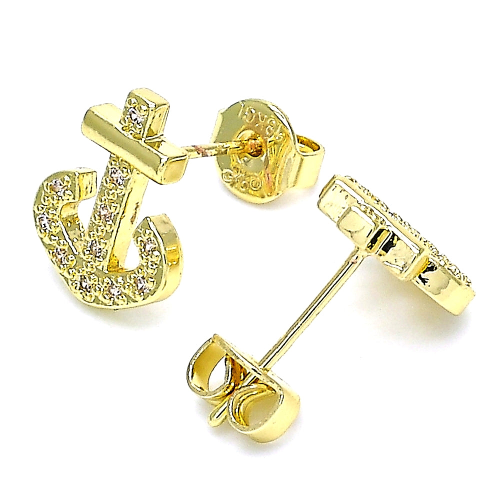 Oro Laminado Stud Earring, Gold Filled Style Anchor Design, with White Micro Pave, Polished, Golden Finish