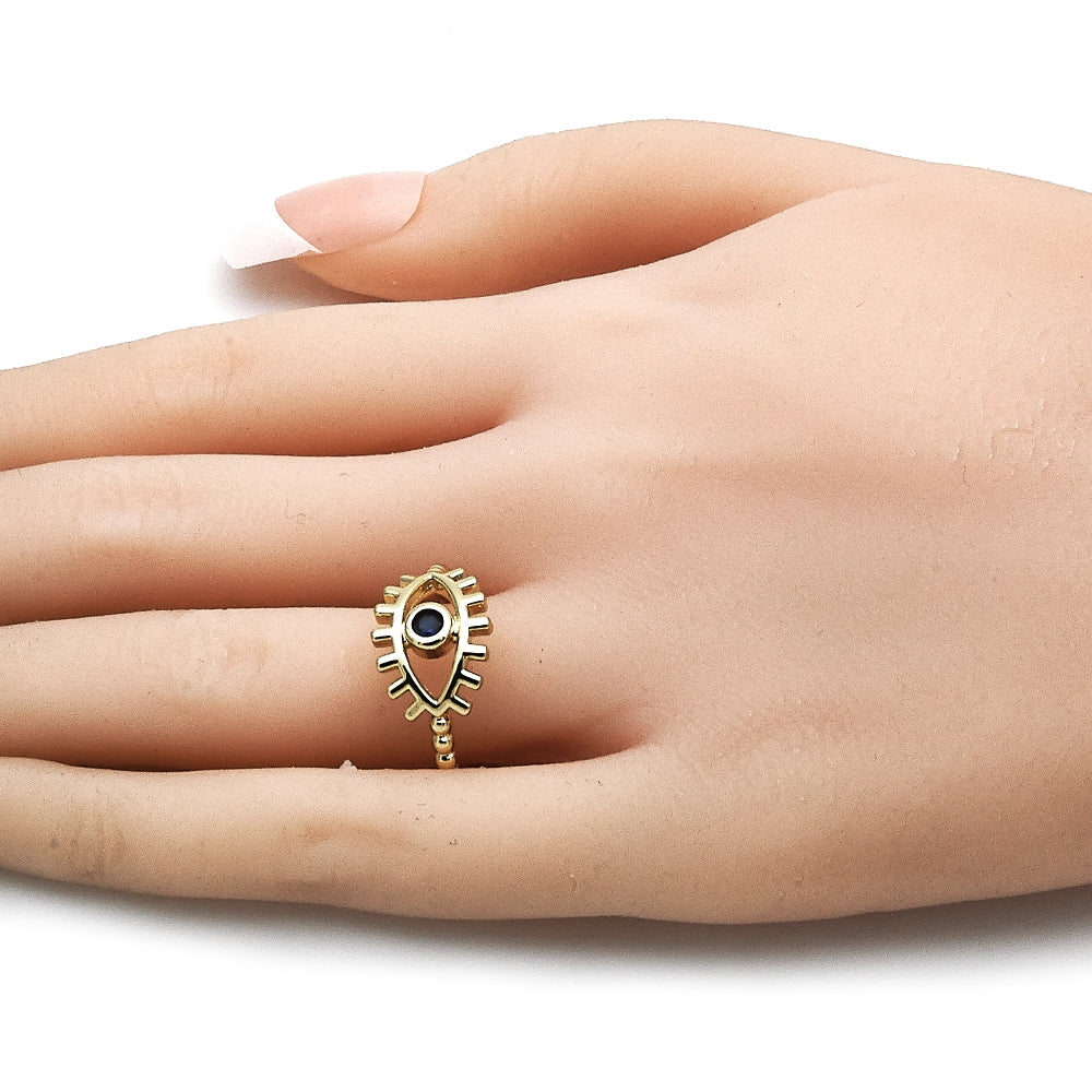 Oro Laminado Multi Stone Ring, Gold Filled Style Evil Eye Design, with Sapphire Blue Cubic Zirconia, Polished, Golden Finish