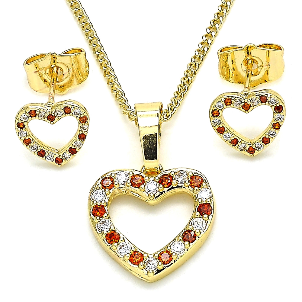 Oro Laminado Earring and Pendant Adult Set, Gold Filled Style Heart Design, with Garnet and White Micro Pave, Polished, Golden Finish