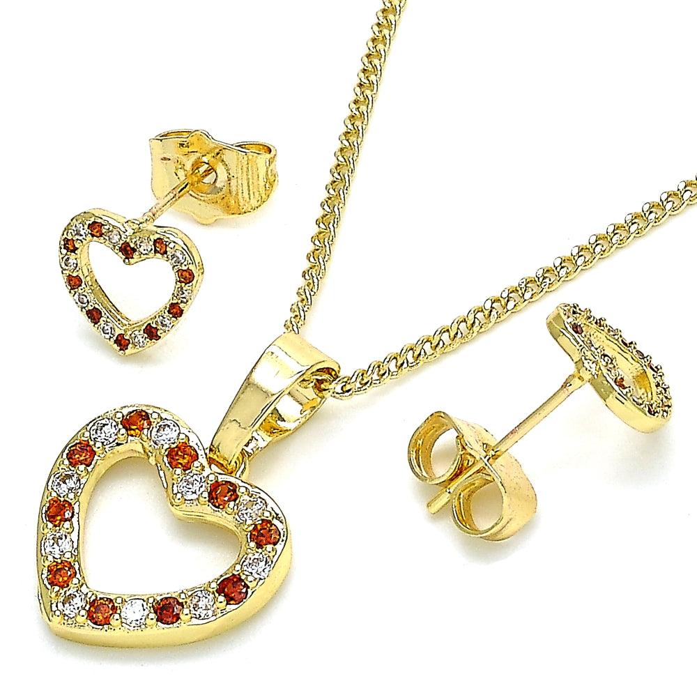 Oro Laminado Earring and Pendant Adult Set, Gold Filled Style Heart Design, with Garnet and White Micro Pave, Polished, Golden Finish